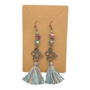 Vintage Bohemian Ornate Dangle Drop Long Turquoise Brown Tassel Earrings